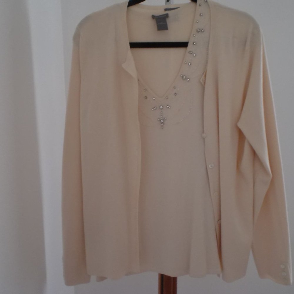 Ann Taylor Silk Knit Twinset with Emelishment XL